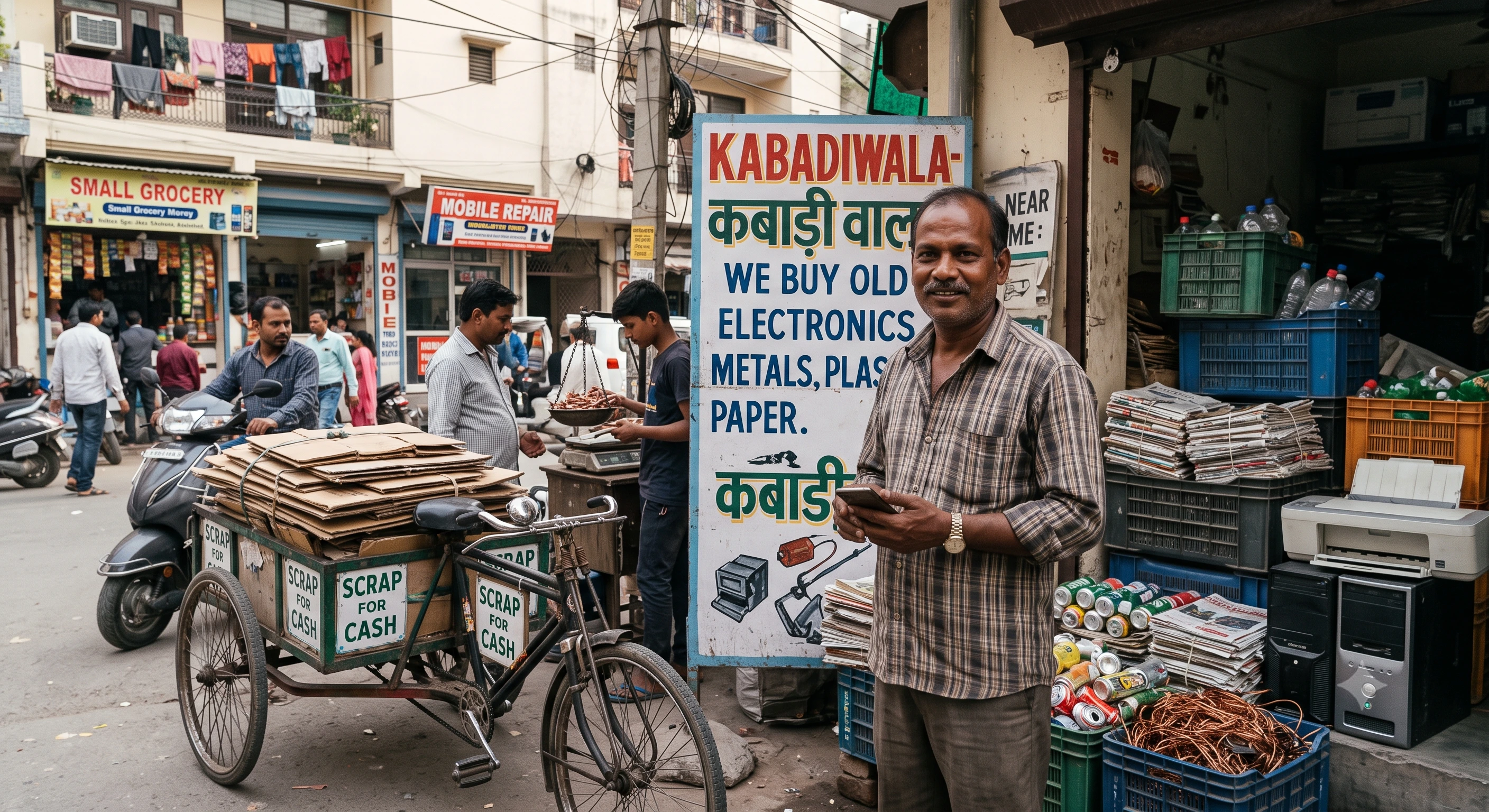 Local kabadiwala weighing household scrap during a doorstep pickup