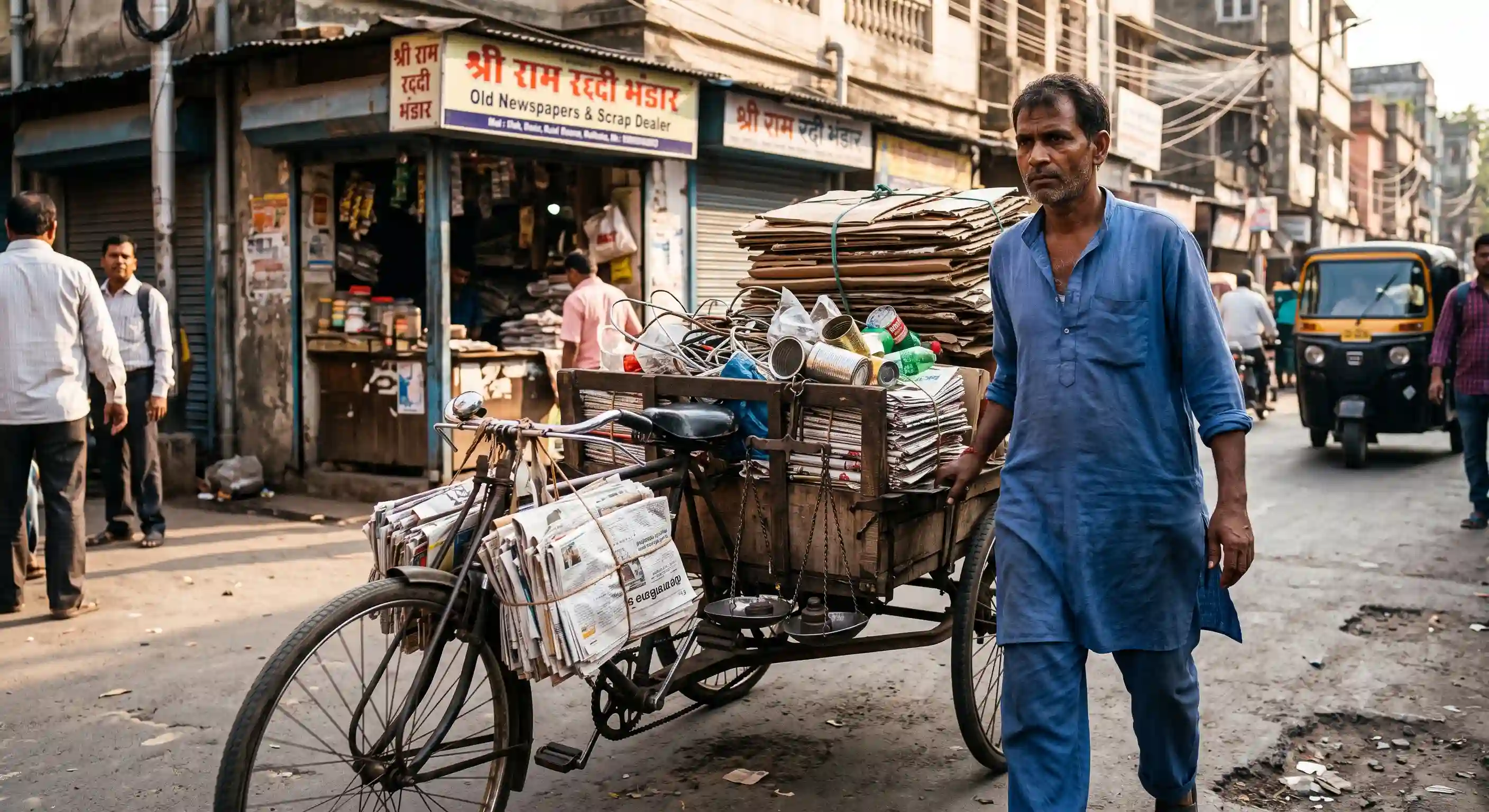 Local pastiwala weighing raddi and household scrap in Ahmedabad