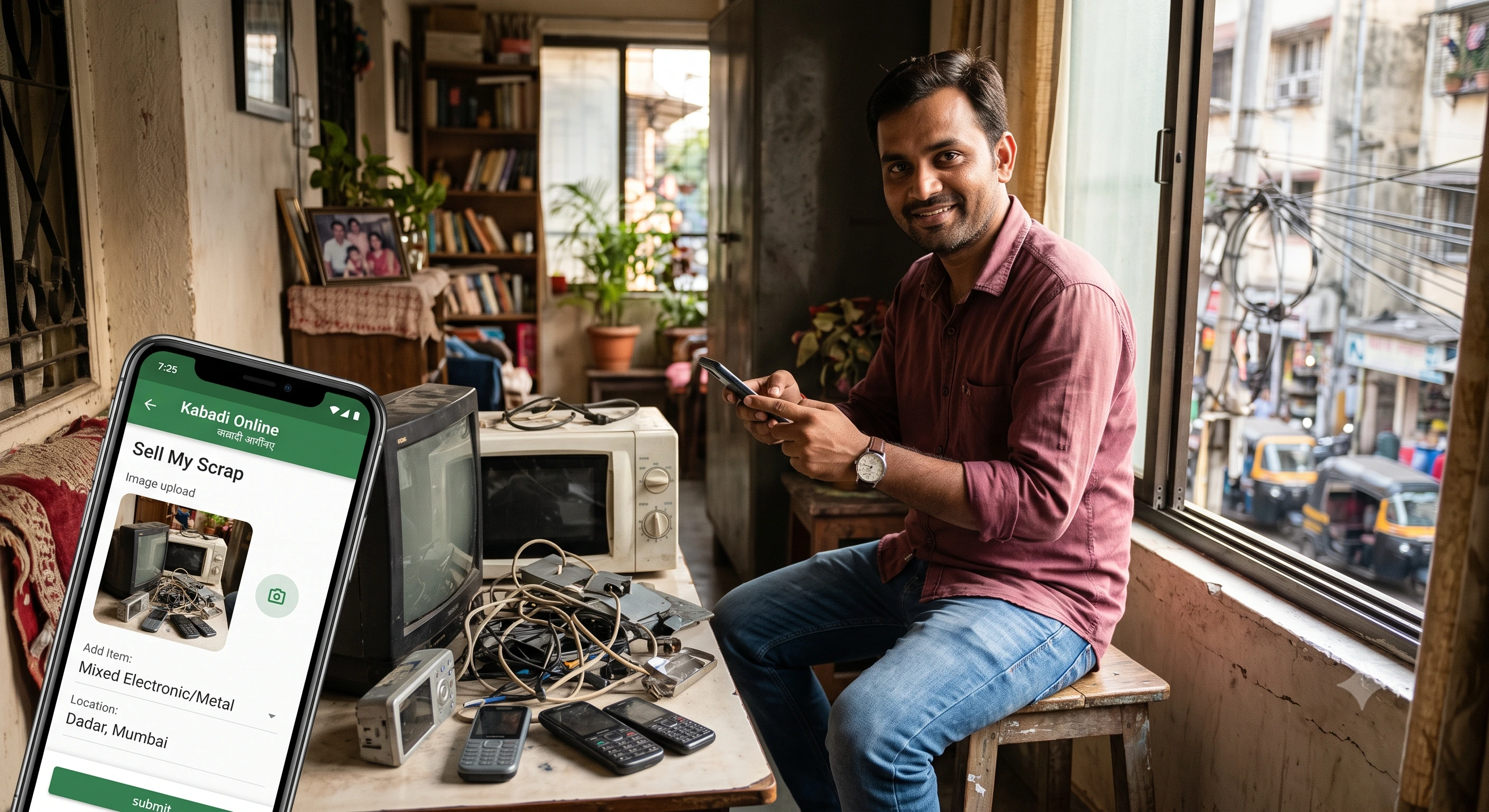 Person booking an online scrap pickup on a phone while sorting household scrap